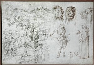 Violación de Europa, cabezas de león, arquero, sabio, calavera (dibujo) de Albrecht Dürer or Duerer