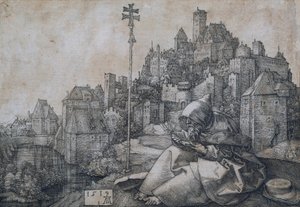 San Antonio sentado frente a una ciudad - Grabado en cobre de Albrecht Durer (1471-1528)