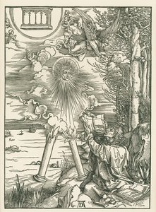 San Juan devorando el Libro presentado por el Ángel. El Apocalipsis de San Juan, c.1498 (xilografía) de Albrecht Dürer or Duerer