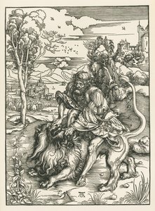 Sansón matando al león, c.1497-98 (xilografía) de Albrecht Dürer or Duerer