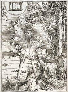 Escena del Apocalipsis, San Juan devorando el Libro, edición en latín de Albrecht Dürer
