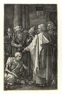 San Pedro y San Juan curan a los lisiados en la puerta del templo de Albrecht Dürer