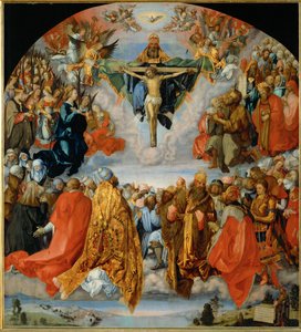 La Adoración de la Trinidad con el autorretrato de Duerer abajo a la derecha (óleo sobre madera de álamo)