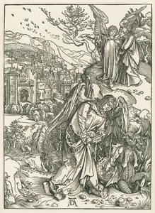 El Ángel de la Llave arrojando al Dragón al Abismo y otro Ángel mostrando a San Juan la Nueva Jerusalén, c.1497-98 (xilografía) de Albrecht Dürer or Duerer