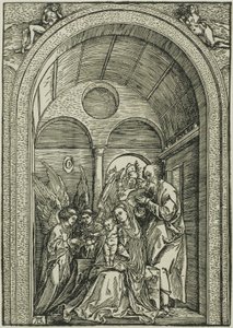 La Sagrada Familia con dos ángeles en una sala abovedada de Albrecht Dürer or Duerer