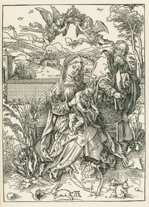 La Sagrada Familia con tres liebres, c.1497 (xilografía) de Albrecht Dürer or Duerer