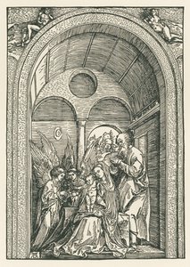 La Sagrada Familia con dos ángeles en un pórtico, c.1503-04 (xilografía) de Albrecht Dürer or Duerer