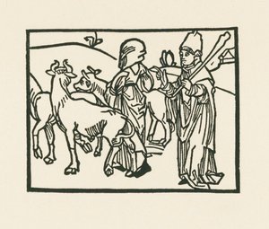 El sacerdote con sus vestiduras expulsa el ganado y delante de él va la sierva, c.1489-90 (xilografía) de Albrecht Dürer or Duerer