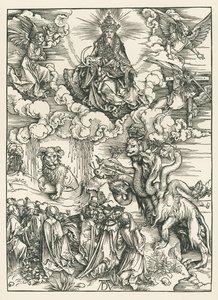 El monstruo marino y la bestia con los cuernos del cordero. El Apocalipsis de San Juan, c.1496-97 (xilografía) de Albrecht Dürer or Duerer