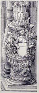 El Arco Triunfal del Emperador Maximiliano I de Alemania (1459-1519): detalle de las Puertas de Honor y Poder centrales, base de la columna izquierda adornada con bandas de follaje y grifos femeninos alados, fechado en 1515, pub. 1517/18 (xilografía) de Albrecht Dürer