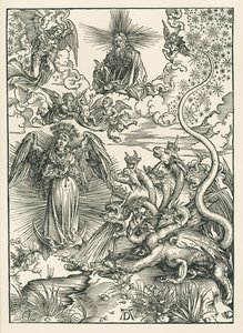 La Mujer vestida de Sol y el Dragón de Siete Cabezas. El Apocalipsis de San Juan, c.1497 (xilografía) de Albrecht Dürer or Duerer