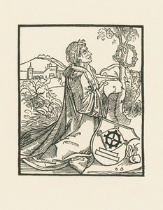 El poeta Sebastian Brant arrodillado de Albrecht Dürer or Duerer