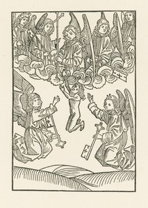 Los siete ángeles con una cruz y las seis llaves, con las que abrieron el Cielo a las seis obras de Misericordia, reciben un alma en el Cielo de Albrecht Dürer or Duerer