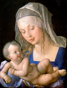 Virgen y niño sosteniendo una pera medio comida de Albrecht Dürer