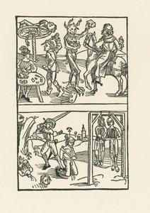 Grabado en madera de " Wie der Würffel auff ist Kumen ". de Albrecht Dürer or Duerer