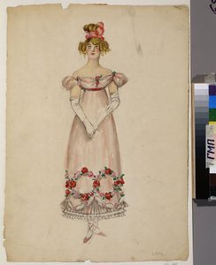Vestido con guirnaldas de flores. Proyecto de vestuario para la ópera "Eugene OneGuine". de Aleksandr Aleksandrovich Osmerkin