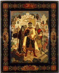 Yaroslav Vladimirovich el Sabio (978-1054), Gran Príncipe de Kiev (Ucrania) (Yaroslav el Sabio). Obra de Alexander Morozov, laca (temple sobre barniz)
