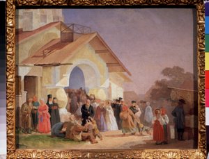 Saliendo de una Iglesia en Pskov (Rusia). Pintura de Alexander Ivanovich Morozov (1835-1904), óleo sobre lienzo