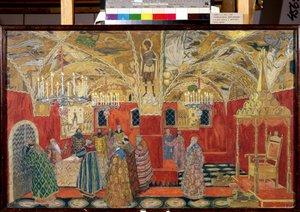 En el Kremlin. Dibujo preparatorio para la ópera Boris Godunov de Modeste Mussorgsky (1839-1881) (En el Kremlin. Escenografía para la ópera Boris Godunov de M.Mussorgsky). Obra de Alexander Yakovlevich Golovin (Alexander Golovin) (1863-1930), acuarela y de Aleksandr Jakovlevic Golovin