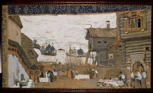 Escenografía preparatoria para la ópera La doncella de Pskov de N.Rimsky Korsakov (Rimsky-Korsakov) (1844-1908). ). Vista de un lugar de anime infantil