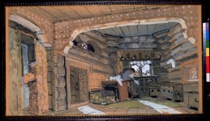 Conjunto preparatorio para la ópera La doncella de Pskov de N.Rimsky Korsakov (Rimsky-Korsakov) (1844-1908). ). Descripción del interior de un