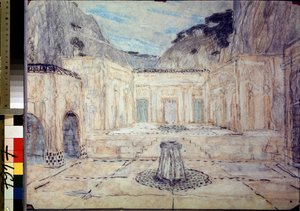 Escenografía para la tragedia Antígona según Sófocles (496 a. C.-406 a. C.) (Escenografía para la tragedia Antígona según Sófocles). Una plaza pública rodeada de edificios antiguos, enmarcada en un paisaje de montaña. el trabajo de alejandro de Aleksandr Jakovlevic Golovin
