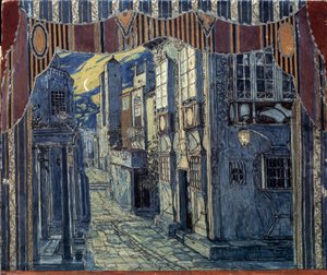 Escenografía para la ópera El barbero de Sevilla de Gioachino (Gioacchino) Rossini (1792-1868) (Escenografía para la ópera El barbero de Sevilla de G.Rossini). Paisaje urbano iluminado por una luna creciente, fachadas españolas y calles empedradas. Trabajo de Aleksandr Jakovlevic Golovin