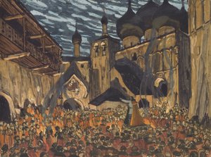 Diseño de escenario para la ópera La Doncella de Pskov de N. Rimsky-Korsakov de Aleksandr Jakovlevic Golovin