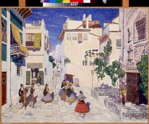 Une rue a Sevilla (España), Decoración para la ópera Carmen de Georges Bizet (1838-1875) (Una calle de Sevilla, Escenografía para la ópera Carmen de G.Bizet). Obra de Alexander Yakovlevich Golovin (Alexander Golovin) (1863-1930), témpera sobre papel de Aleksandr Jakovlevic Golovin