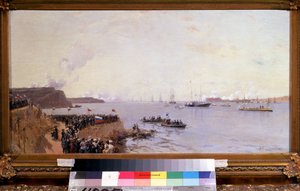 Llegada del Emperador Alejandro III de Rusia (1845-1894) en Sebastopol (Llegada del Emperador Alejandro III en Sebastopol). Pintura de Alexander Karlovich Beggrov (1841-1914). Óleo sobre lienzo, 40 x 85 cm de Aleksandr Karlovich Beggrov