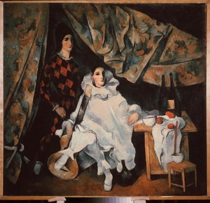 Los hermanos malabaristas de Cyrano (disfrazados de Pierrot y Arlequín). Pintura de Alexander Vasilyevich Shevchenko (1883-1948), óleo sobre lienzo de Aleksandr Vasilievich Shevchenko