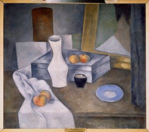Naturaleza muerta con manzanas y platillo azul - Obra de Alexander Vasilyevich Shevchenko (1883-1948), óleo sobre cartón, hacia 1910 - Arte ruso, siglo XX, vanguardia - Museo Estatal Ruso, S de Aleksandr Vasilievich Shevchenko