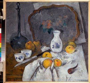 Naturaleza muerta con una jarra y una pipa (Composición con también manzanas sobre paño de cocina, cuchillo y bandeja) - Naturaleza muerta con una jarra y una pipa - Obra de Alexander Vasilyevich Shevchenko (1883-1948), óleo sobre cartón de Aleksandr Vasilievich Shevchenko