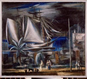 Puerto marítimo de noche (Un gran velero amarrado en el Mar Negro) - Pintura de Alexander Vasilyevich Shevchenko (Alexander Shevchenko) (1883-1948), óleo sobre lienzo de Aleksandr Vasilievich Shevchenko