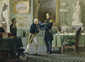 El Emperador Nicolás I otorga la cinta azul de la Orden de San Andrés al Conde Michail Speransky, 1880