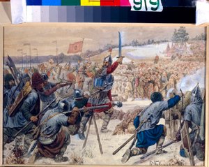 La conquista de Siberia por Yermak Timofeyevich (hacia 1540-1585) (La conquista de SIberia por Yermak). Entre 1575 y 1583, Yermak dirigió una tropa de cosacos para explorar y conquistar Siberia. Obra de Alexei Danilovich Kivshenko (1851-1818)