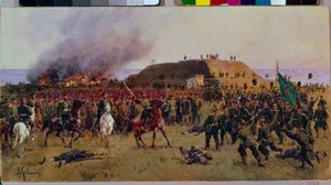 La captura de la fortaleza de Gorni Dubnik (Gorni-Dubnik) el 24 de octubre de 1877. Guerra ruso-turca: escena de batalla entre los cosacos del ejército ruso y los soldados del Imperio Otomano, episodio militar por el control del paso de Shipka (Bulgaria).