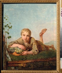 Pastor con pipa - Pintura de Alexei Gavrilovich Venetsianov (1780-1847), óleo sobre lienzo, alrededor de 1820, arte ruso