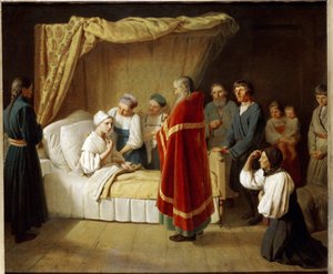 Eucaristía a los moribundos. Un sacerdote de la Iglesia ortodoxa se acerca al lecho de una mujer enferma para darle el sacramento litúrgico, rodeado de miembros de su familia. Pintura por Alexei (Alexis) Gavrilovich Venetsianov (
