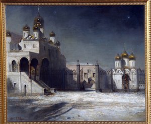 Plaza de la Catedral en el Kremlin de Moscú por la noche. (La Plaza de la Catedral en el Kremlin de Moscú por la noche). Pintura de Alexei Kondratyevich Savrasov (Savrasov) (1830-1897), óleo sobre lienzo de Alexei Kondratjewitsch Sawrassow