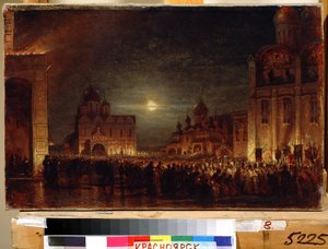 Maitines de Pascua. Reunión al amanecer de la multitud de practicantes, portando velas encendidas, alrededor de los sacerdotes y obispos, para celebrar la fiesta litúrgica, en una plaza enmarcada por iglesias. Pintura de Alexei Petrovich Bog
