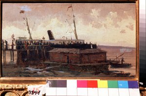 ""Vista de un barco de vapor en el muelle de un puerto"" Pintura de Alexei Petrovich Bogolyubov (Bogoliubov o Bogoliubov) (1824-1896) 1874 State United Art Museum, Kostroma, Rusia de Aleksei Petrovich Bogolyubov