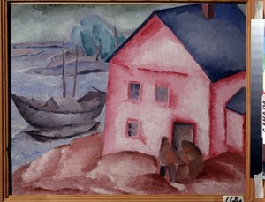 Una casa rosada cerca del río (Una casa rosada en el río). Con una pareja, un barco y un barco amarrado. Pintura de Alexei Ilyich Kravchenko (1889-1940), óleo sobre lienzo de Aleksey Kravchenko