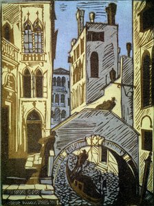 Venecia, Italia (Venecia). Canal, góndola, puente y fachadas de la ciudad. Obra de Alexei Ilyich Kravchenko (1889-1940), xilografía. Arte ruso, paisaje de los siglos XIX y XX. Galería Estatal Tretyakov, Moscú. (Rusia).