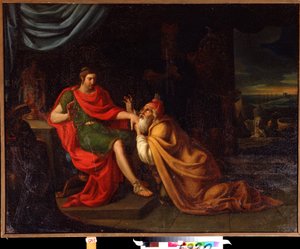 Príamo y Aquiles. Escena con personajes de la Guerra de Troya. Pintura de Alessandro Varotari conocida como Il Padovanino (1588-1649). Óleo sobre tela. Arte veneciano, estilo barroco. Museo de Arte del Lejano Oriente, Khabarovsk, Rusia. de Alessandro Varotari