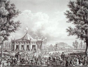 Procesión pasando el pabellón erigido para la coronación de Fernando I (1793-1875) de Alessandro (after) Sanquirico