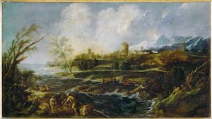 Paisaje con un hombre y un ataúd en la orilla del río ...