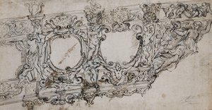 Diseño para la Proa de la Galería del Papa Urbano VIII con los Brazos Barberini de Abejas y Sol, Ignudi, Tritones, Hipocampos, Putti y una Alegoría de la Victoria como la Figura de Proa Bajo las Letras VRBA In