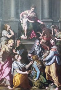 Virgen entronizada con el Niño, rodeada de santos y figuras de Alessandro Allori
