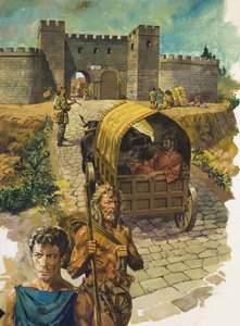 Carro entrando en una ciudad amurallada de la Britania romana (gouache sobre papel)